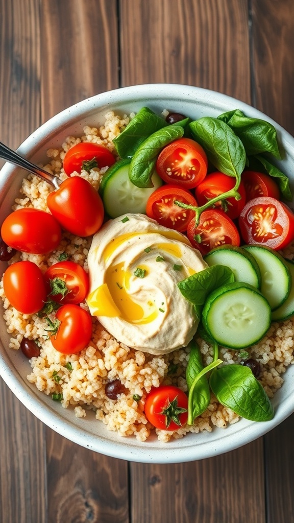 A colorful quinoa bowl with hummus, cherry tomatoes, cucumber, and spinach on a wooden table.